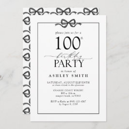 エレガントなブラック＆ホワイト 100歳の誕生日パーティーのリボン 招待状
