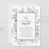 エレガントなブラック＆ホワイト 50歳の誕生日 花のラインアート 招待状 (正面)