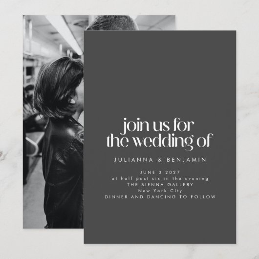 エレガントなブラック ミニマル モダン フォト ウェディング 招待状 (正面/裏面)