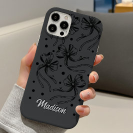 エレガントなブラック  ライトグレー コケッテ ボウ モノグラム iPhone 16ケース