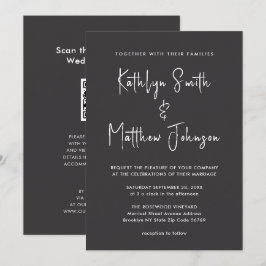 エレガントなブラック QR コード オールインワン モダンウェディング 招待状