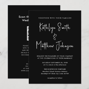 エレガントなブラック QR コード オールインワン モダンウェディング 招待状