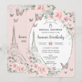 エレガントなブラッシュピンクの花のフランス パリス ブライダルシャワー 招待状 (正面/裏面)
