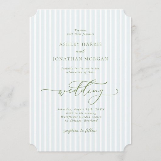 エレガントなブルーとセージのストライプ ウェディング 招待状 (正面)