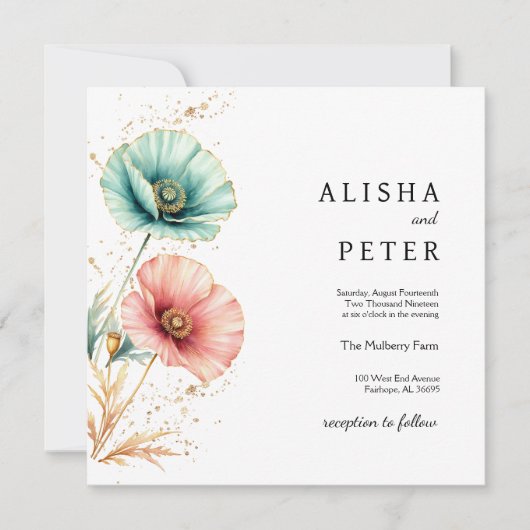 エレガントなブルーとピンクの水彩画ウェディング招待状 招待状 (正面)