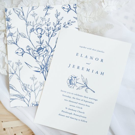 エレガントなブルーとホワイトの花柄 ウェディング招待状 招待状
