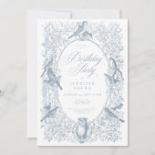 エレガントなブルーのシノワズリーデザインの誕生日 招待状 (正面)