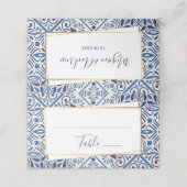 エレガントなブルーのタイルとゴールドの名札 プレイスカード (外部開封)