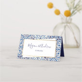 エレガントなブルーのタイルとゴールドの名札 プレイスカード (裏面)