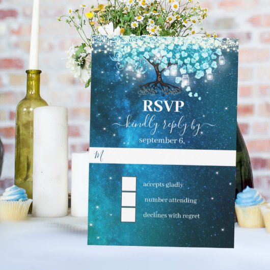 エレガントなブルーのハートの葉の木のウェディング セーブ・ザ・デート 招待状