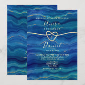 エレガントなブルーのビーチウェーブゴールドウェディング 招待状 (正面/裏面)