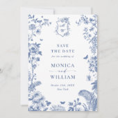 エレガントなブルーのフランス庭園の花の結婚式の写真 セーブザデート (正面)