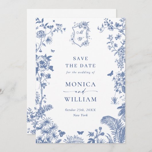 エレガントなブルーのフランス庭園の花の結婚式の写真 セーブザデート (正面/裏面)