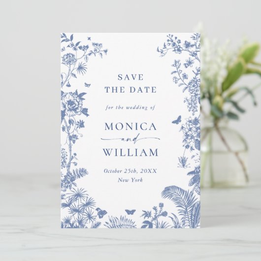 エレガントなブルーのフランス庭園 フラワー ウェディング セーブザデート (スタンド正面)