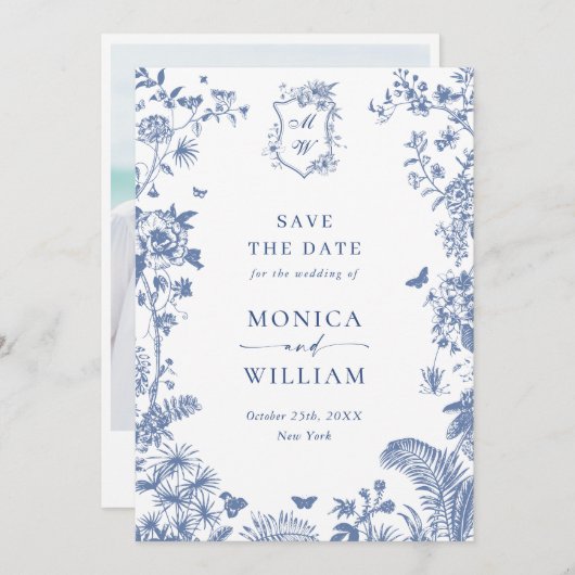 エレガントなブルーのフランス庭園 フラワー ウェディング フォト セーブザデート (正面/裏面)