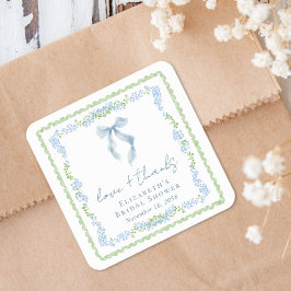 エレガントなブルーのリボン ウェディングシャワーのお礼 スクエアシール