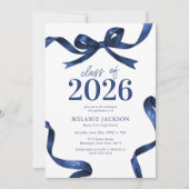 エレガントなブルーのリボン 卒業パーティー 招待状 (正面)