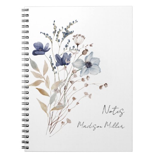 エレガントなブルーのワイルドフラワーの花束の植物モチーフ ノートブック (正面)