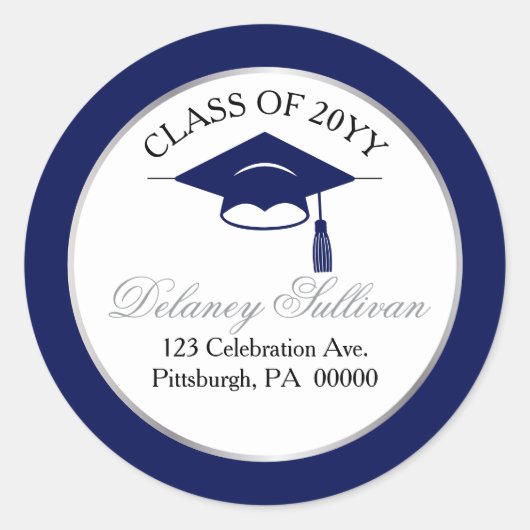 エレガントなブルーの大学卒業式返送先住所 ラウンドシール (正面)