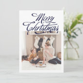 エレガントなブルーの家族写真ホリデー シーズンカード (スタンド正面)