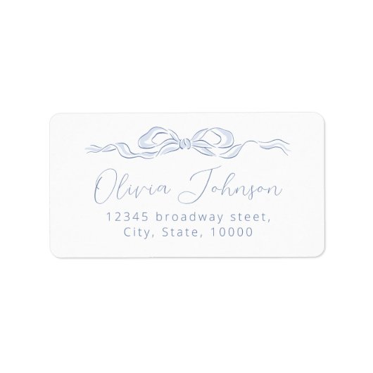 エレガントなブルーの手描きリボン返信住所ラベル ラベル (正面)