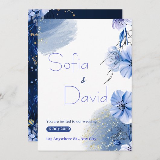 エレガントなブルーの水彩画 Save the Date 招待状 (正面/裏面)