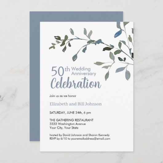 エレガントなブルーの水彩 25周年結婚記念日 招待状 (正面/裏面)