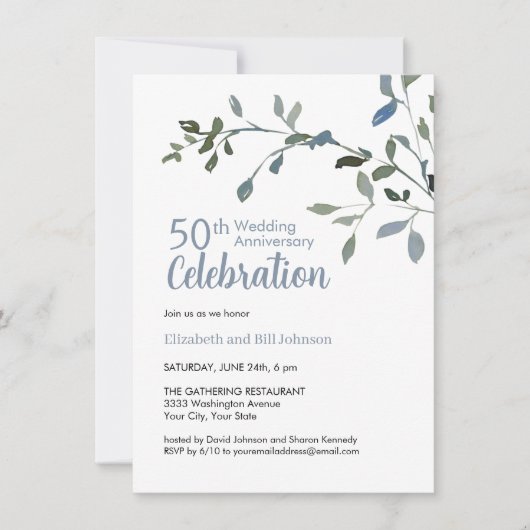 エレガントなブルーの水彩 25周年結婚記念日 招待状 (正面)