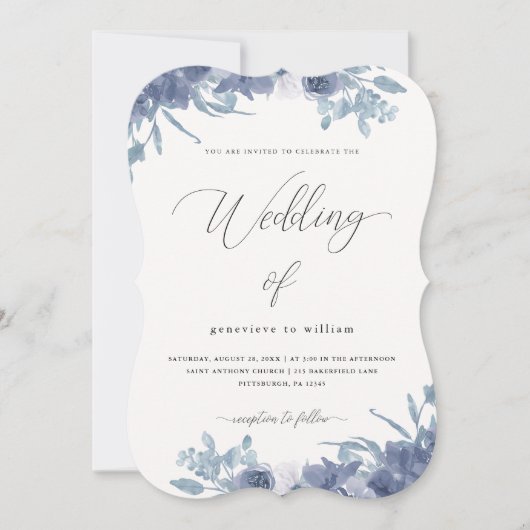 エレガントなブルーの花とカリグラフィーの写真 ウェディング 招待状 (正面)