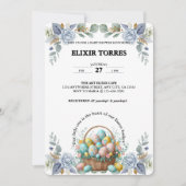 エレガントなブルーの花のイースターエッグバスケット ベビーシャワー 招待状 (正面)