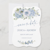 エレガントなブルーの花の結婚式のSave the Date 招待状 (正面)
