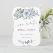 エレガントなブルーの花の結婚式のSave the Date 招待状 (スタンド正面)