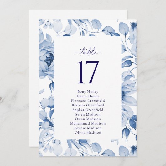 エレガントなブルーの花の結婚式テーブルナンバーカード 招待状 (正面/裏面)