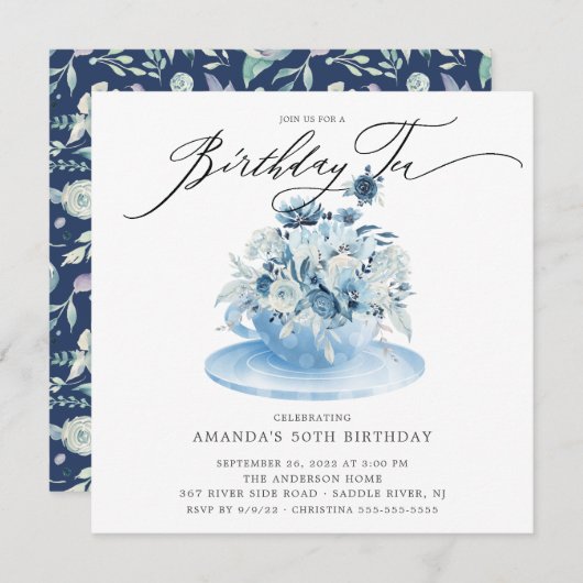 エレガントなブルーの花の誕生日ティー招待状 招待状 (正面/裏面)