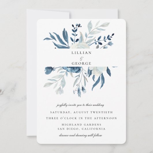 エレガントなブルーの花束 ウェディング 招待状 (正面)