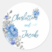 エレガントなブルーの花柄のウェディングシャワーシール ラウンドシール (正面)