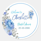 エレガントなブルーの花柄のウェディングシャワーステッカー ラウンドシール (正面)