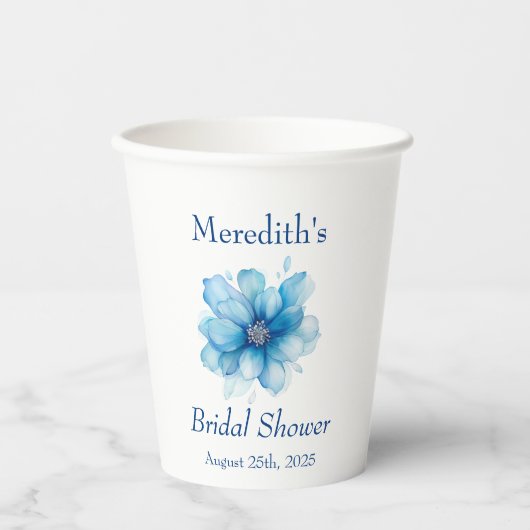 エレガントなブルーの花柄のブライズシャワー 紙コップ (正面)