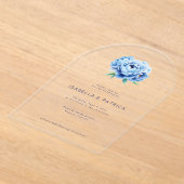 エレガントなブルーの花柄の結婚式招待状 アクリル招待状 (レイダウン)