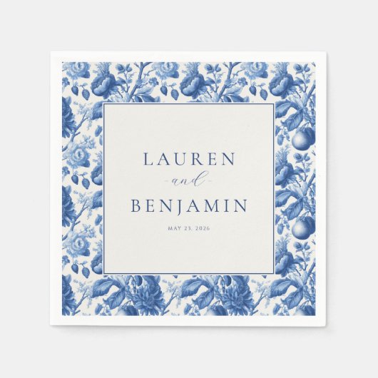 エレガントなブルーの花柄の結婚式招待状 スタンダードカクテルナプキン (正面)