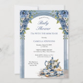 エレガントなブルーの花柄の赤ちゃんのお茶のシャワーパーティー 招待状 (正面)