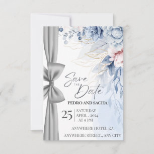 エレガントなブルーの花柄の「Save The Date」カードにシルバー サンキューカード