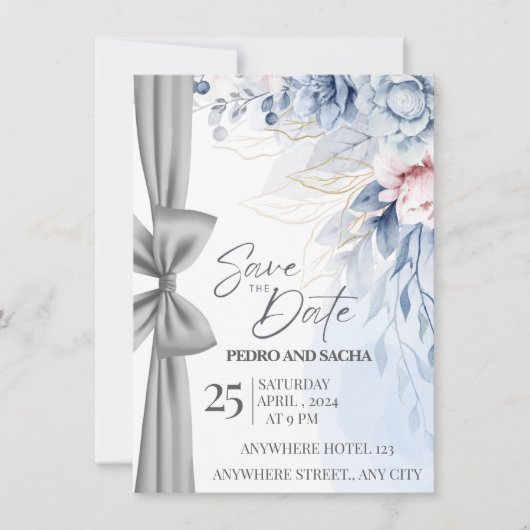 エレガントなブルーの花柄の「Save The Date」カードにシルバー 招待状 (正面)