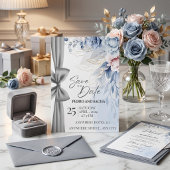 エレガントなブルーの花柄の「Save The Date」カードにシルバー 招待状