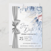 エレガントなブルーの花柄の「Save The Date」カードにシルバー 招待状 (正面)