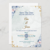 エレガントなブルーの花柄の「Save the Date」カード 招待状 (正面/裏面)