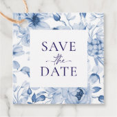 エレガントなブルーの花柄のSave the Dateタグ フェイバータグ (正面)
