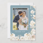 エレガントなブルーの花模様のゴールドの結婚式の写真 サンキューカード (正面)