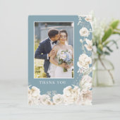 エレガントなブルーの花模様のゴールドの結婚式の写真 サンキューカード (スタンド正面)