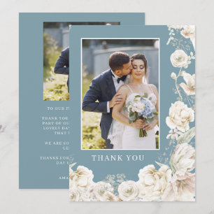 エレガントなブルーの花模様のゴールドの結婚式の写真 サンキューカード